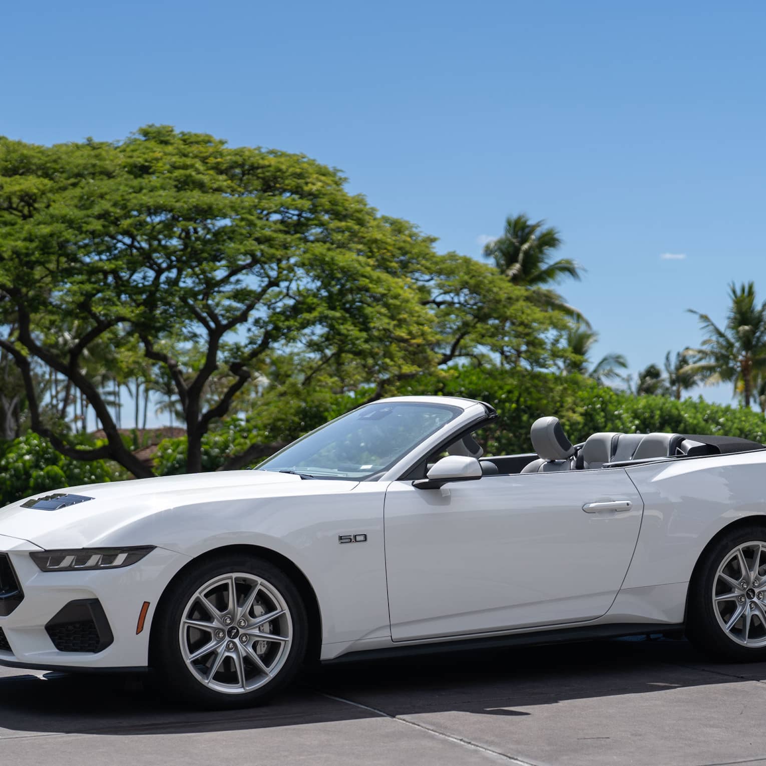 White convertible car parked in front of tropical beach setting