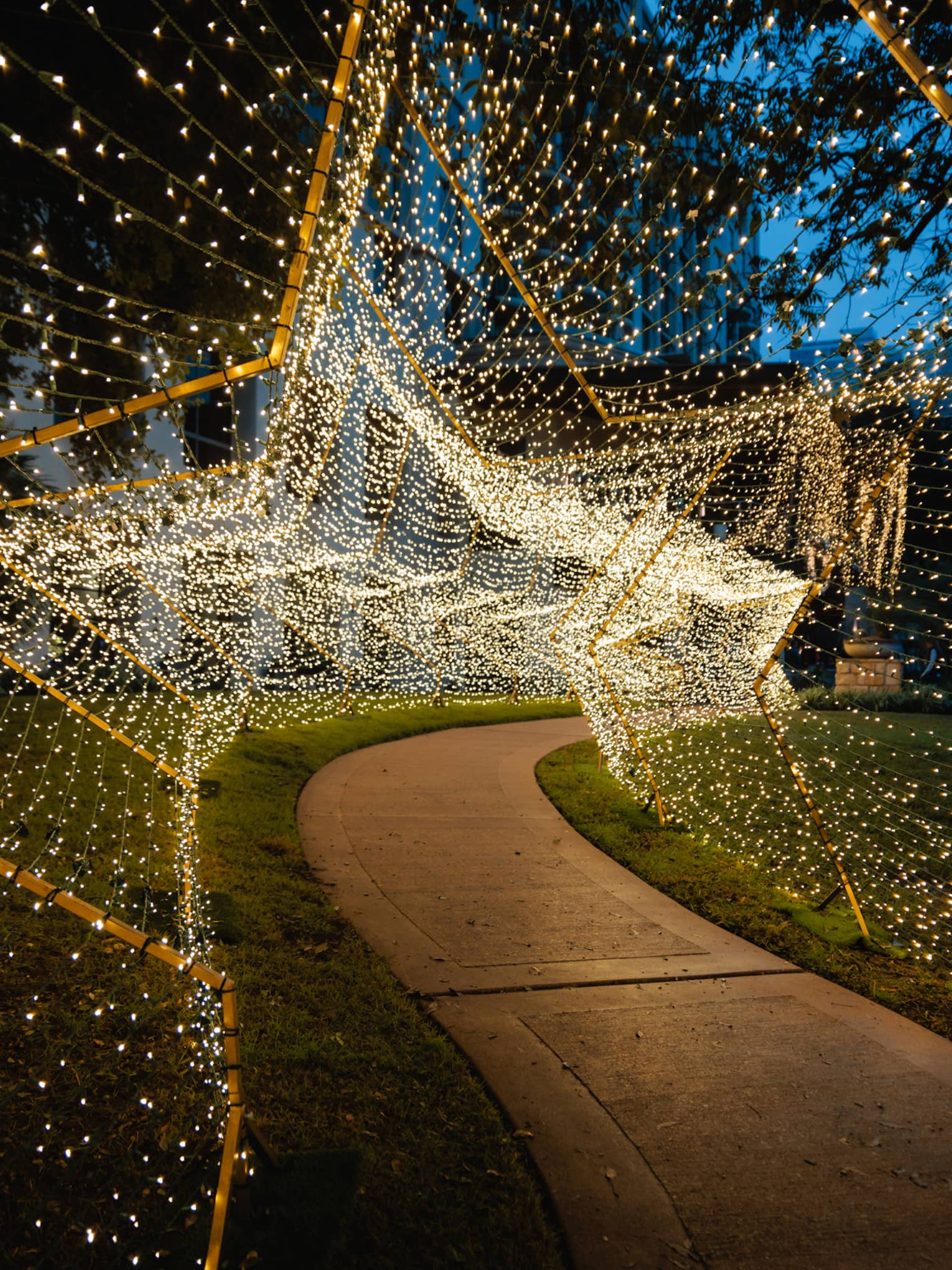 Star-shaped tunnel of lights surrounding an outdoor path.
