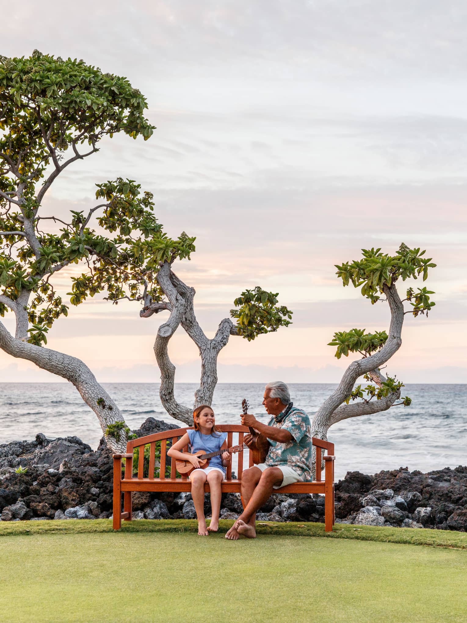 This image depicts a man and a child both playing the ukulele on a bench in front of a tree and the ocean, and is connected to ESG and sustainability