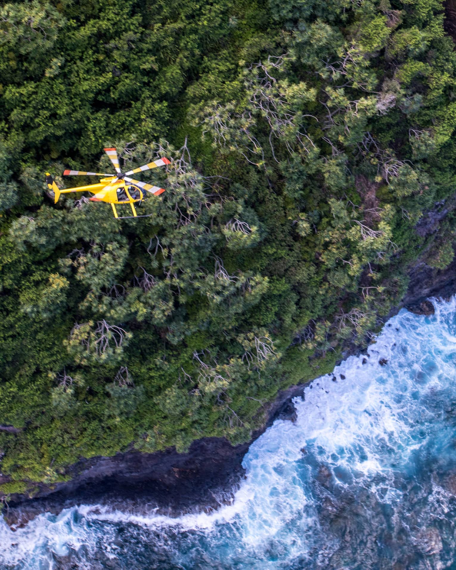 A yellow helicopter flies over a steep forested mountain. Powerful waves crash against the shoreline in the water below.