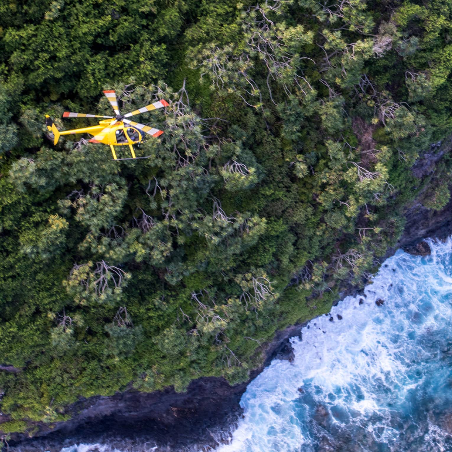 A yellow helicopter flies over a steep forested mountain. Powerful waves crash against the shoreline in the water below.