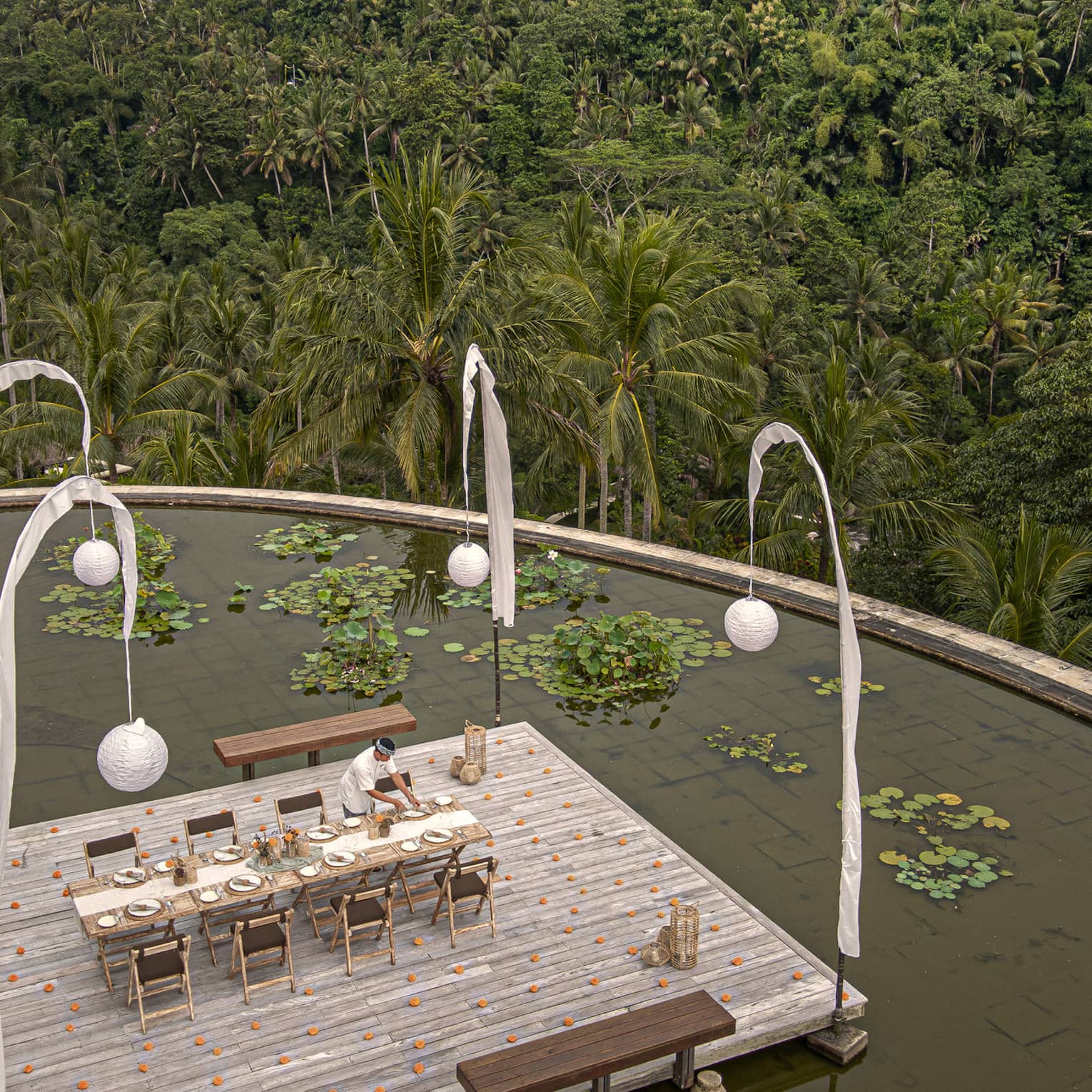 Bird's-eye view of a long table on a deck in a lotus pond, the jungle canopy stretching off into the distance below.