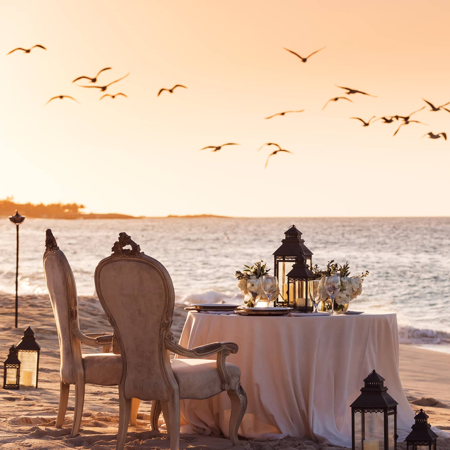Romantic beachside dining setup with vintage chairs, a table decorated with flowers and lanterns and birds flying overhead