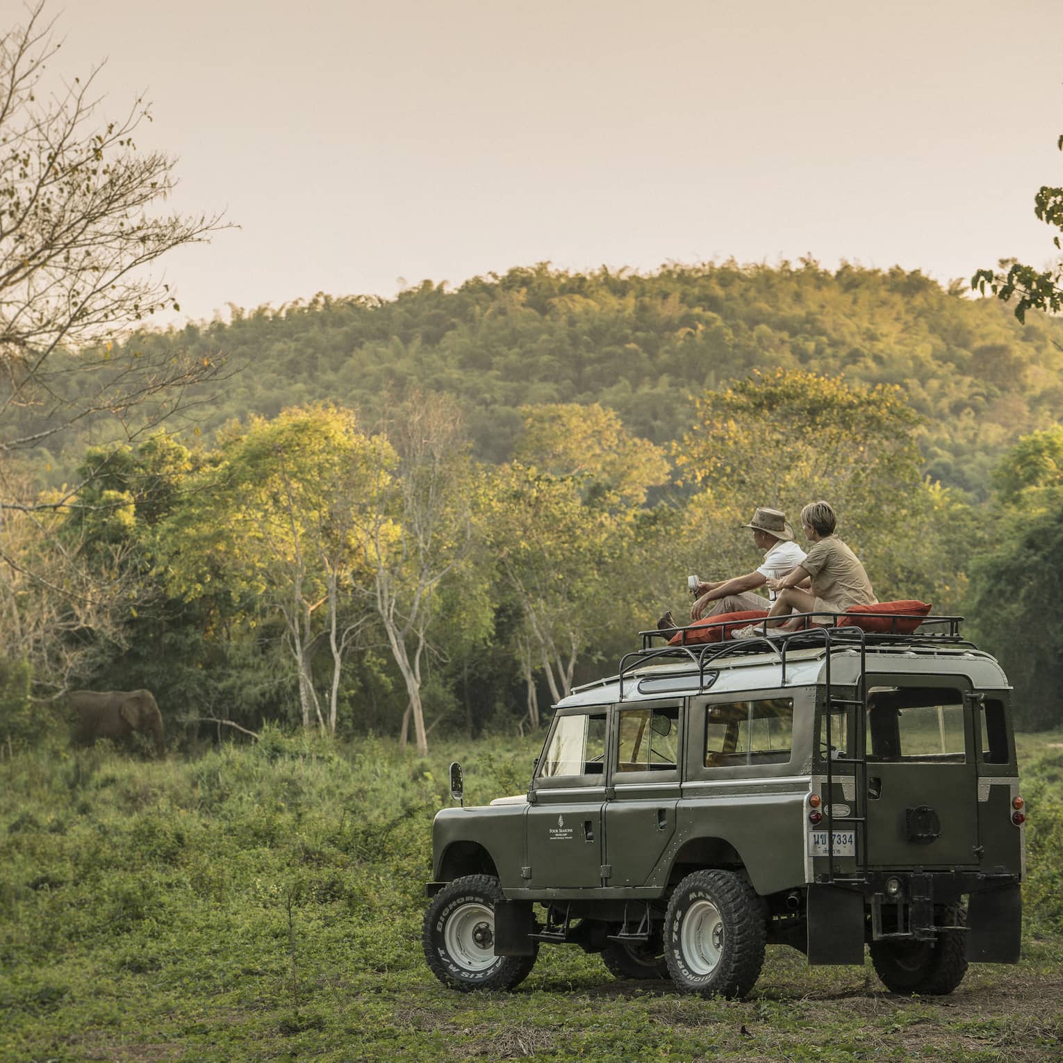 Couple in bush forest sit on top of utility vehicle