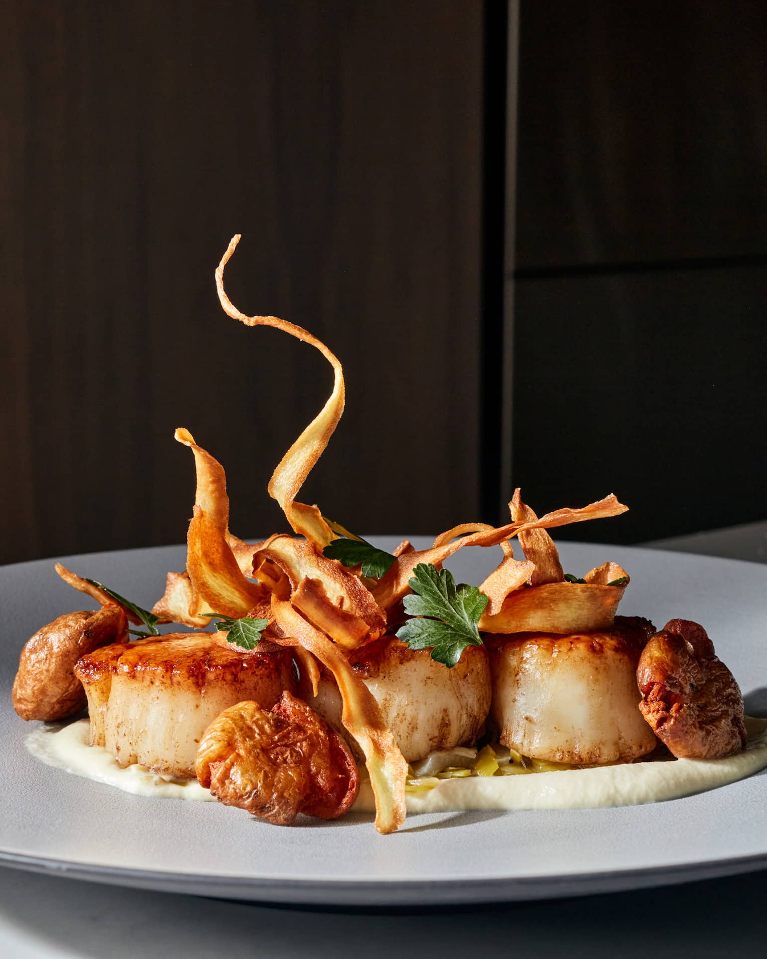 A plate of sea scallops on a cream sauce.