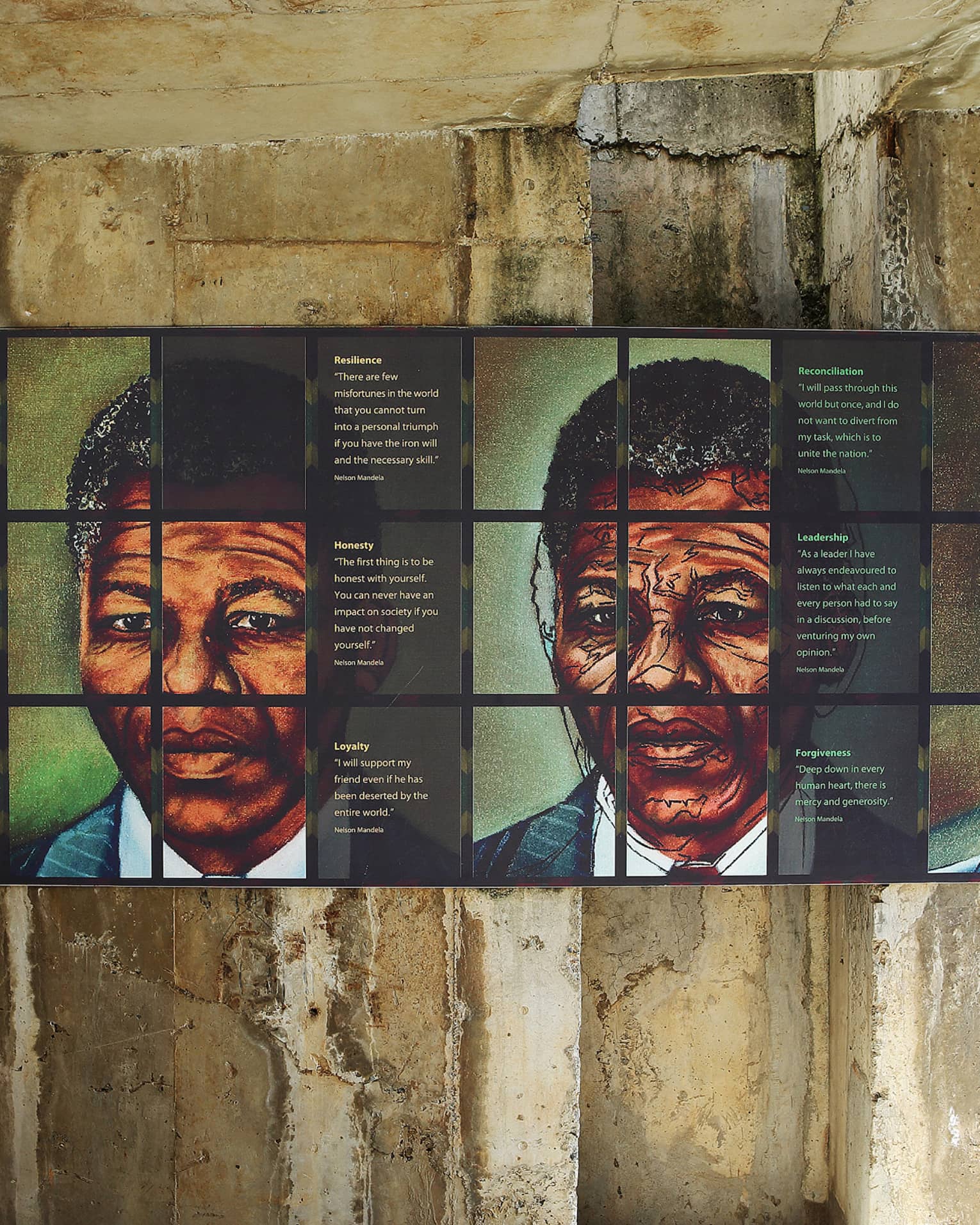 Painting with four images of Nelson Mandela interspersed with 14 quotes about ideals and values such as courage and honesty.