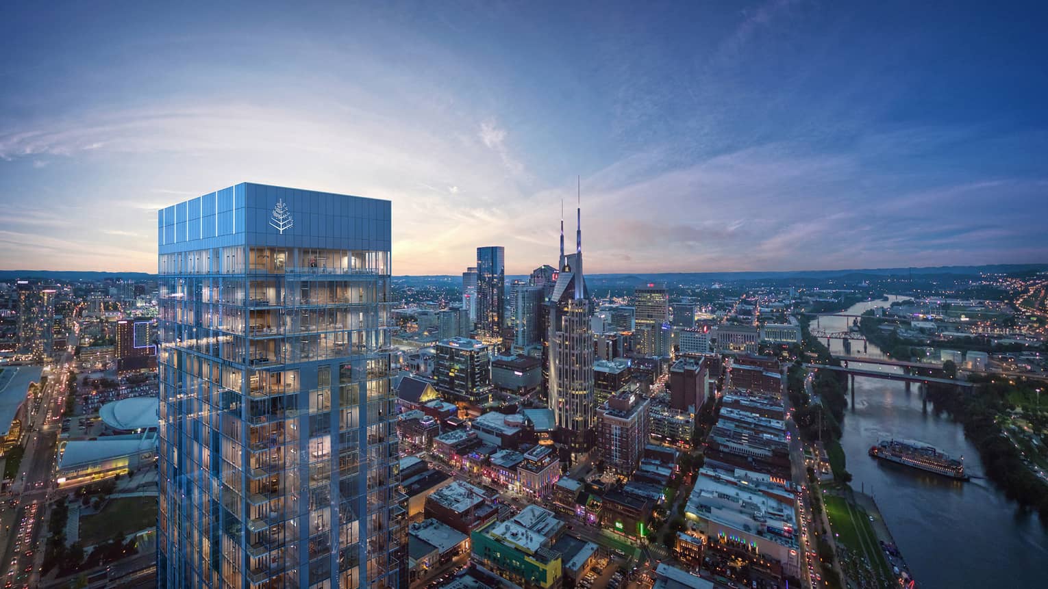 Aerial view of Nashville skyline at dusk