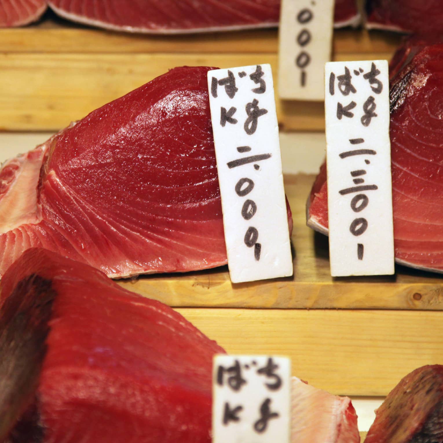 Close-up view of labelled cuts of glistening, pinky-red fresh tuna displayed on three levels of wooden risers.