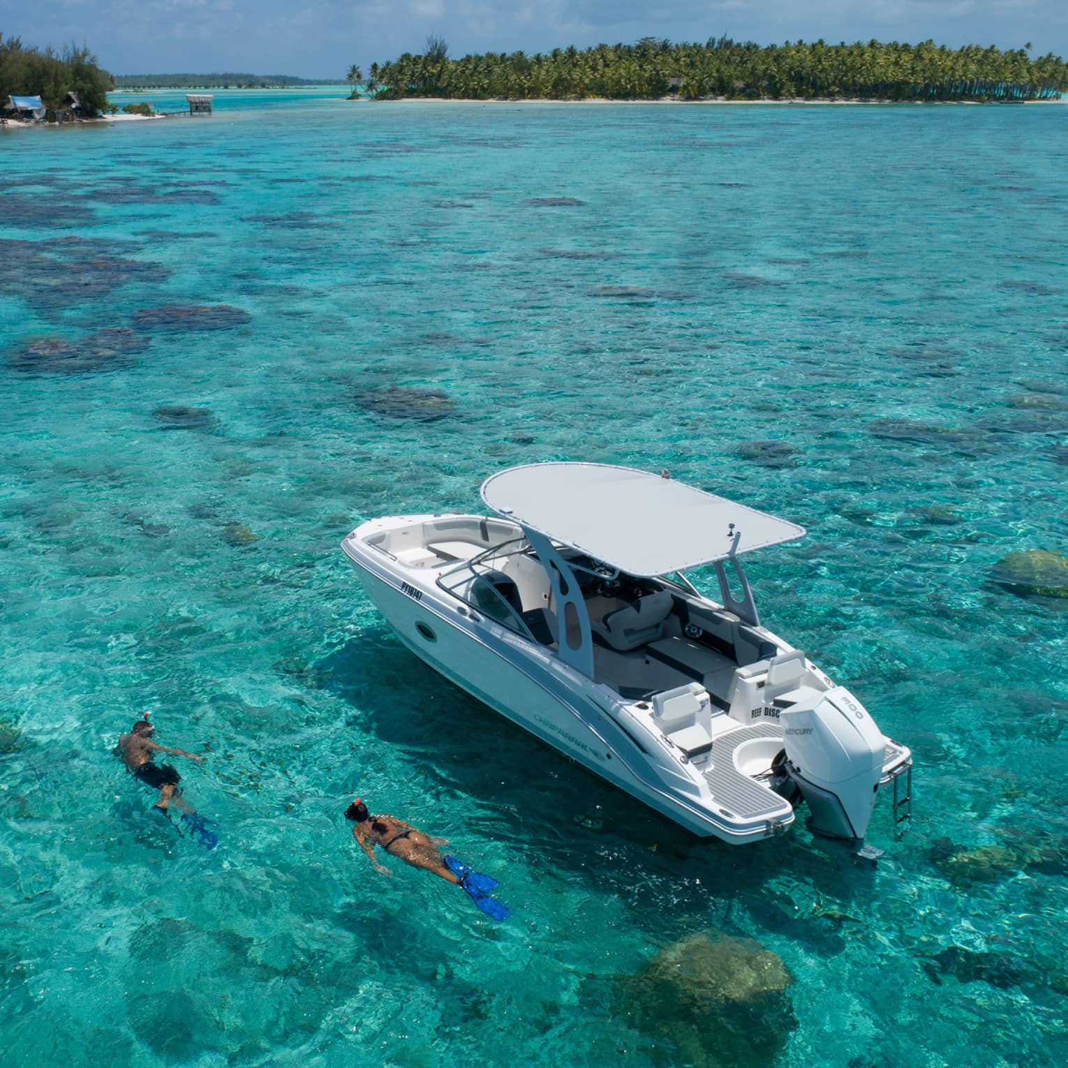 Two people snorkel in shallow turquoise water next to speed-boat