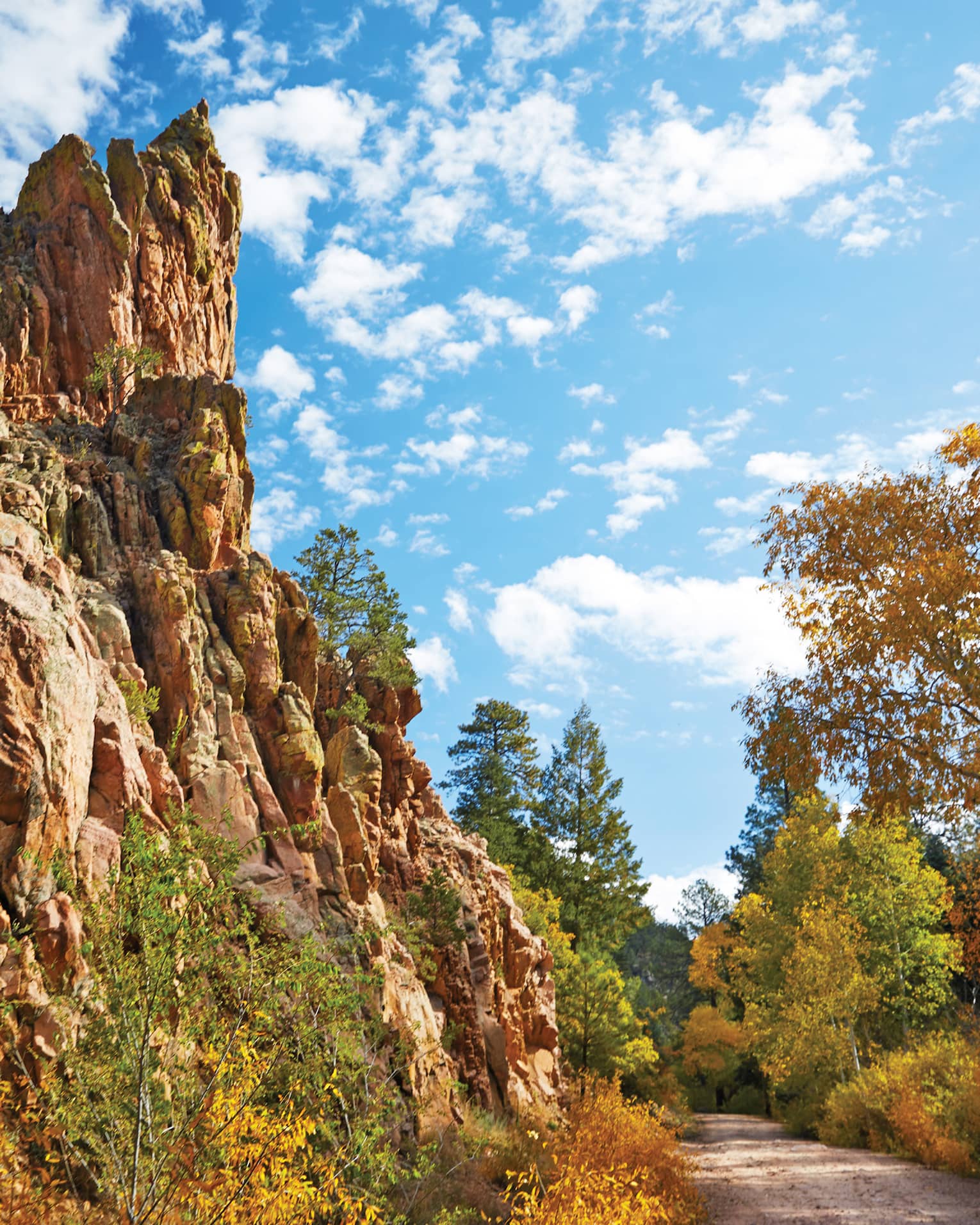 Red-rock mesas next to round, surrounded by trees, blue sky with clouds 