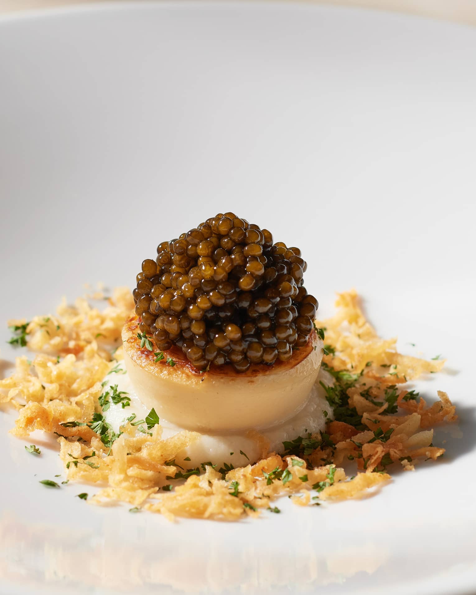 Round white plate with single scallop topped with caviar, surrounded by breadcrumbs and a smattering of green herbs