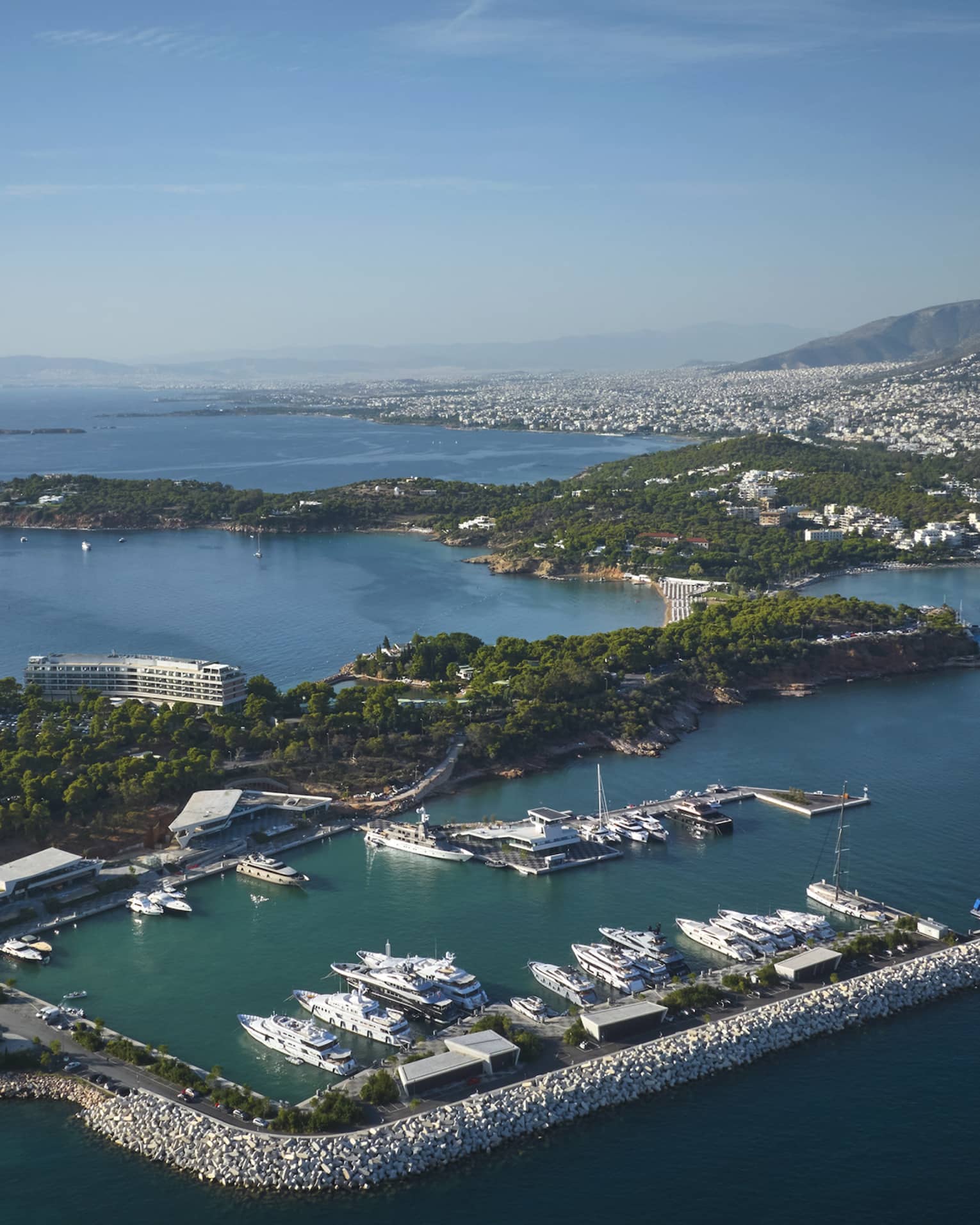 Aerial view of marina filled with yachts