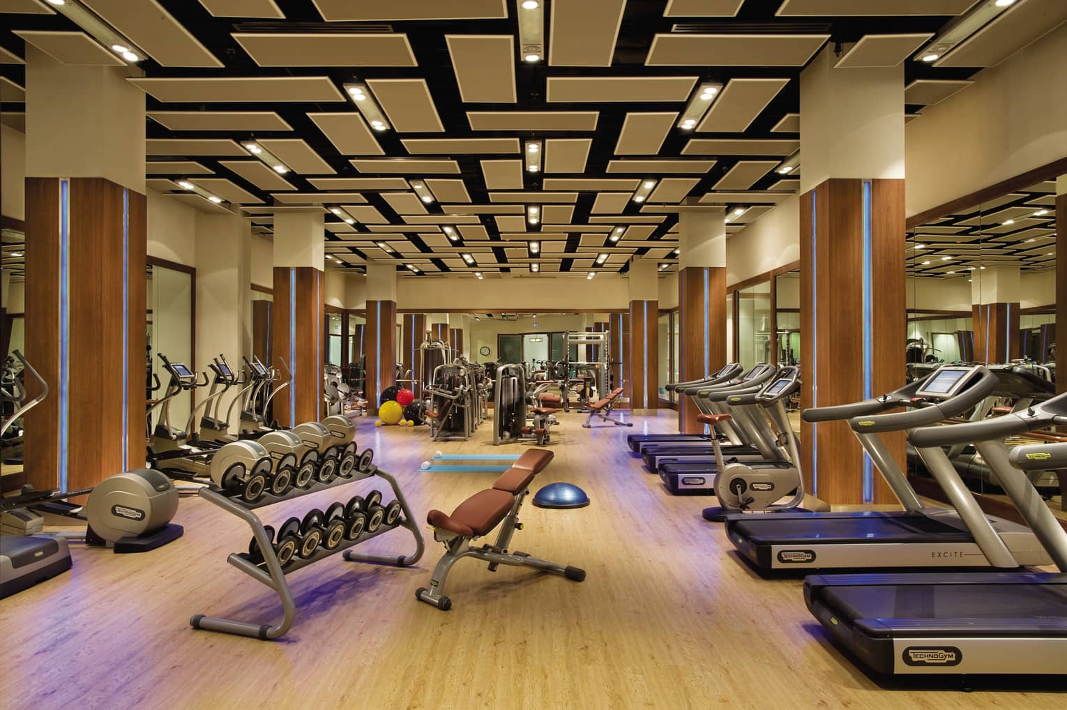 Fitness room cardio machines, racks with hand weights, wood pillars