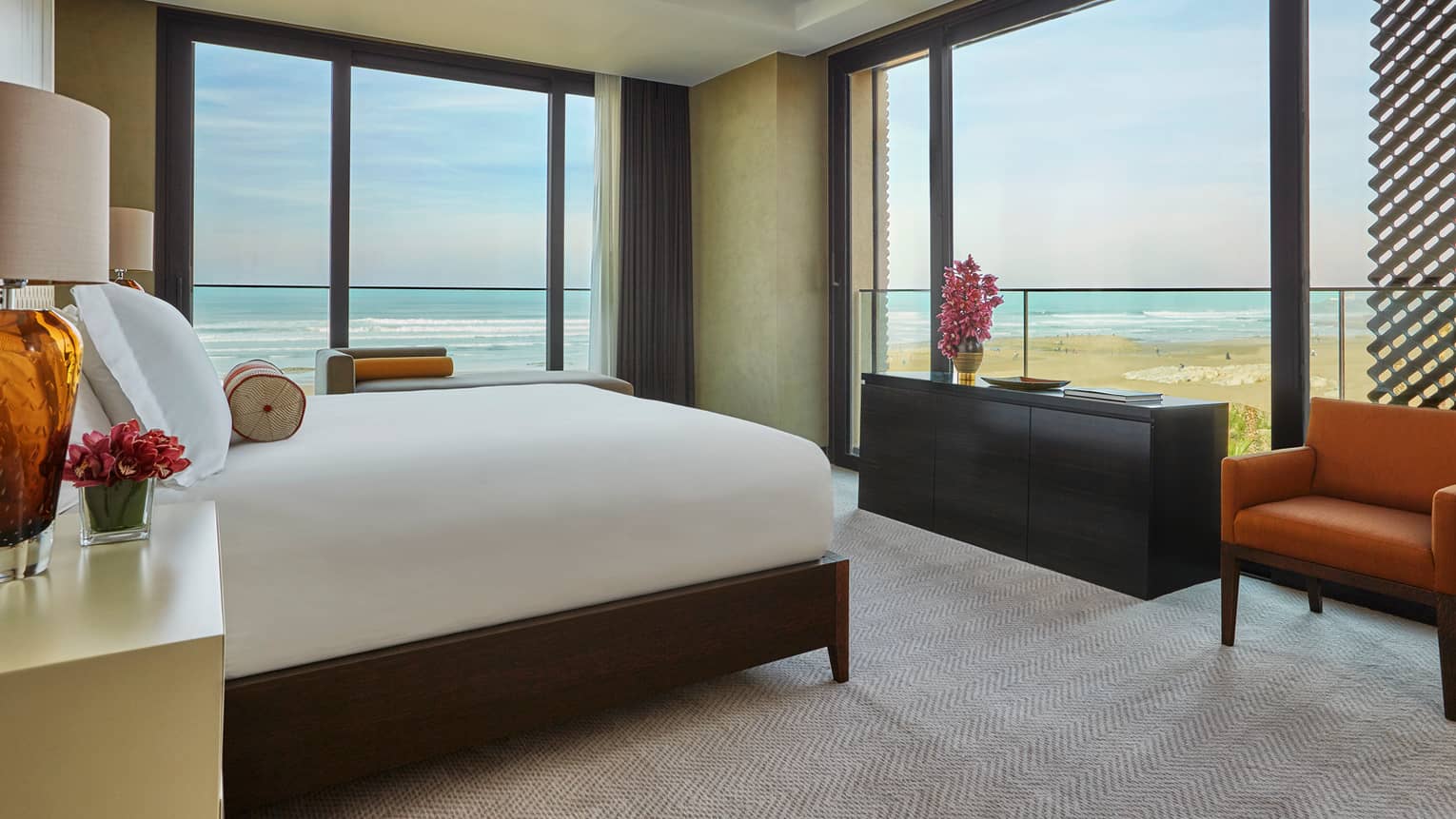 Imperial Suite Ocean room with bed, corner windows with Atlantic Ocean views