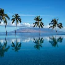 Infinity pool with reflections of palm trees, overlooking the ocean and distant mountains under a bright blue sky
