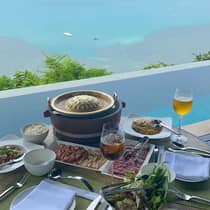 Poolside dining with an ocean view