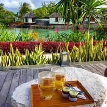 Two chilled beverages on a wooden tray by a waterfront view surrounded by tropical plants