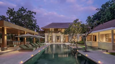 Pool and view of Four-Bedroom Premier Residence at dusk
