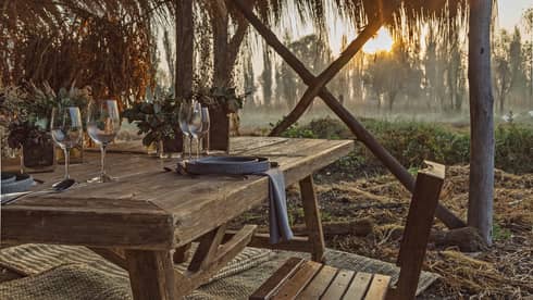 The setting sun shining on a thatched wooden canopy covering a wooden table with rustic dinnerware and succulent plants.
