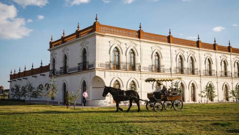Guests enjoying a horse-drawn carriage ride around a large white building with several beautifully carved arched doorframes.
