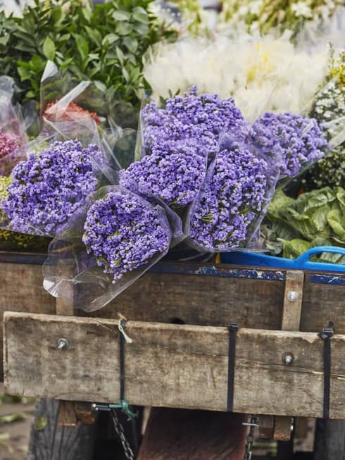 Close up of bouquets or purple, white and green flowers in the back of a wooden wagon