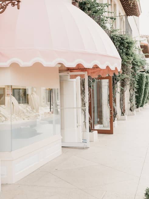 An elegant storefront with a soft pink awning showcasing a beautifully lit display of jewelry inside. The exterior features a vine-covered façade.