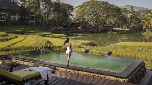 Person standing at the edge of an infinity pool overlooking rice fields, a tranquil pond and forested hills.