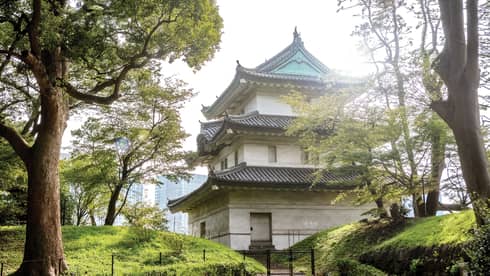 Traditional Japanese building with tiered roofs surrounded by trees