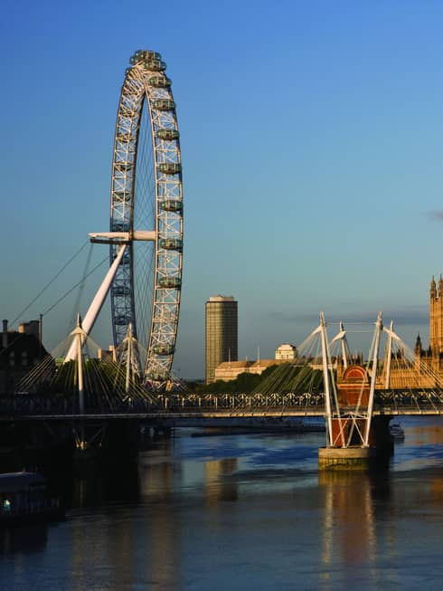 Wide shot of the London Skyline, including Tower Bridge, Big Ben, London Eye and other buildings