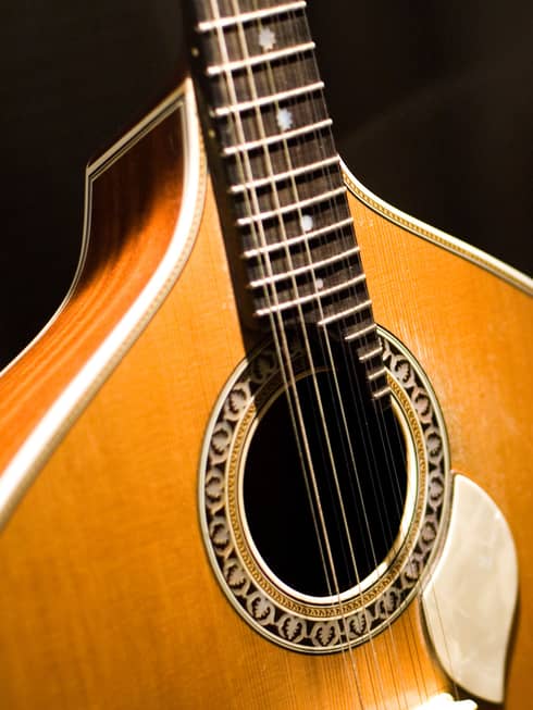 Close-up of a 12-string Fado guitar: inlaid rosette around the sound hole, pear-shaped top connecting to the fretboard.