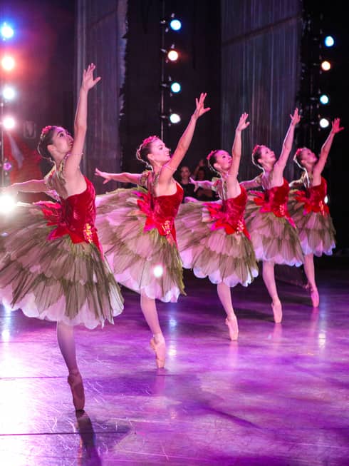 Ballet point dancers on stage in a diagonal row