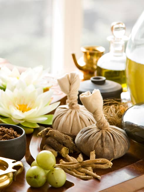 Wood tray with small brass bowls, fresh white lotus flowers, spices, herbal poultice