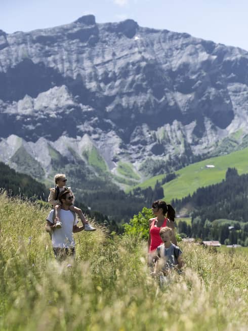 Man, woman and two children hike in the French Alps in summer