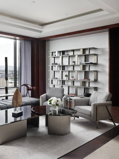 Contemporary living room with plush l-shaped sofa, wall of shelves, windows