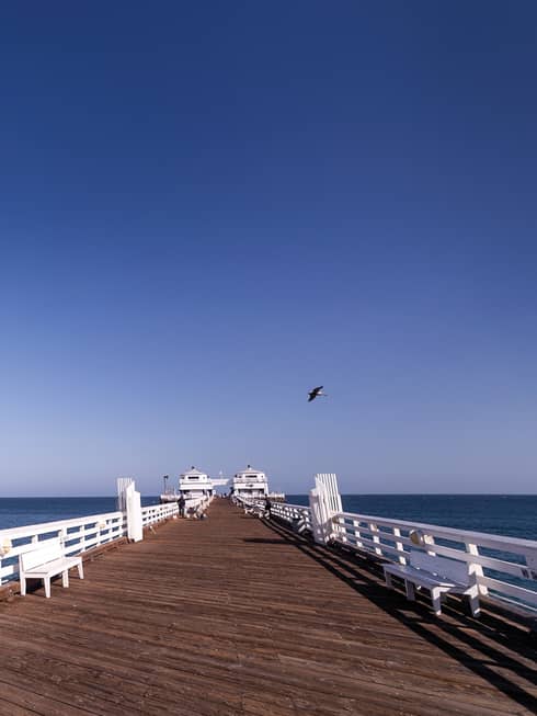 A long pier with dark wood flooring and white fence sides looking out at the blue ocean.