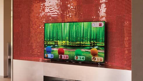 Game room with a red and black couch and television on the wall.