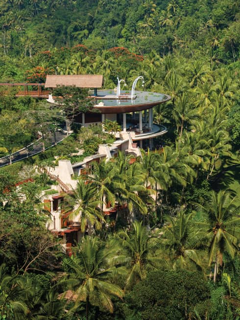 A wide shot of the resort surrounded by lush trees and with an outdoor rooftop pool