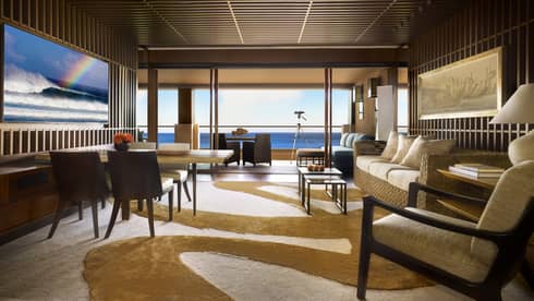 Hotel suite with Hawaiian decor and ocean view