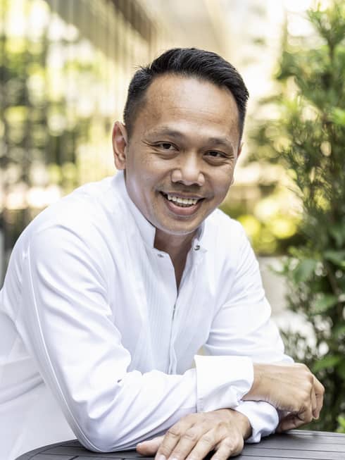 Executive pasty chef, Hafiz Razali, sits in the garden at Four Seasons Hotel Osaka.