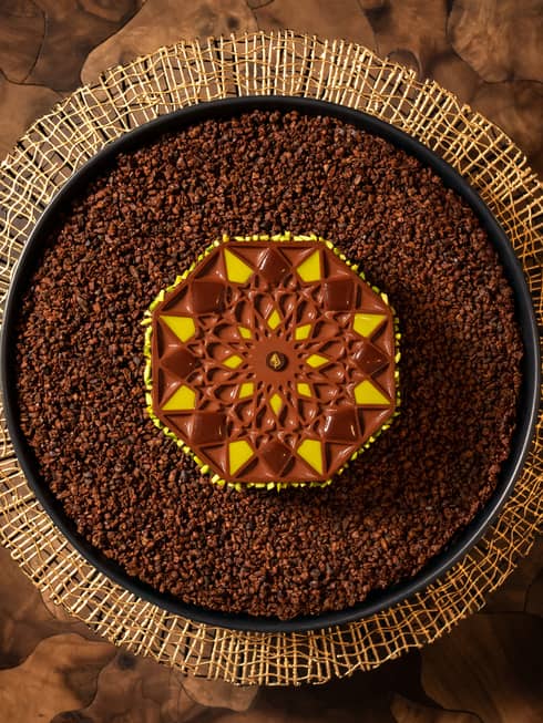 Ramadan cake in chocolate with yellow accents