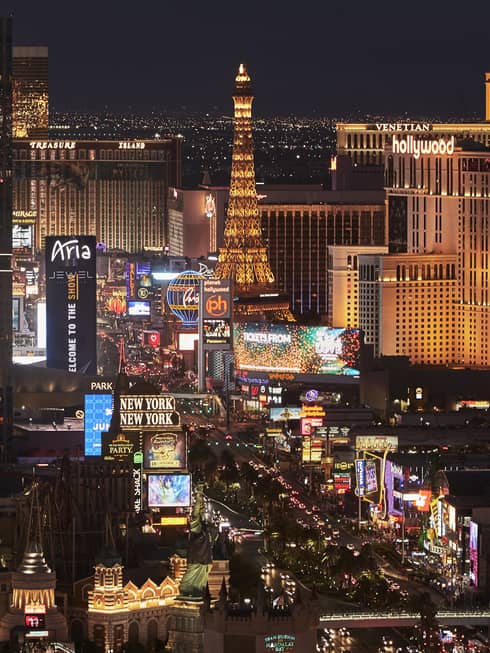 Aerial view of Las Vegas strip and neon lights at night