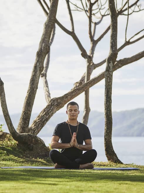 Man sits cross-legged, meditates under tree on green lawn near ocean