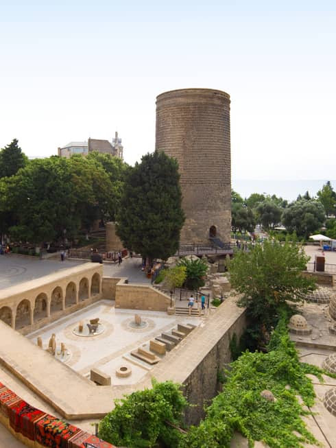 Aerial view of 12th century Icheri Sheher, or The Inner City, historic walls on a sunny day