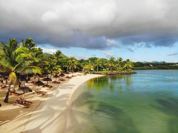 Lounge chairs under palm trees by white sand beach, turquoise ocean