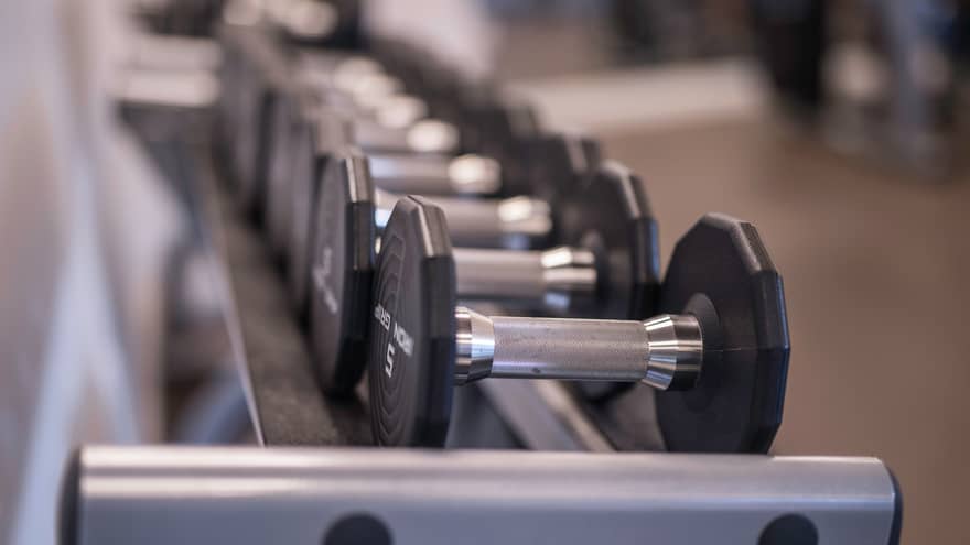 Close-up of hand weights on rack in Fitness Centre