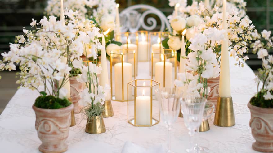 Terrace with elegant dinner place setting on table end, potted white flowers, candlesticks, trees in backdrop