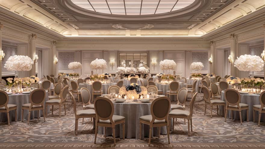 Elegant Paris banquet room, dining tables with white floral centrepieces under decorative domed ceiling