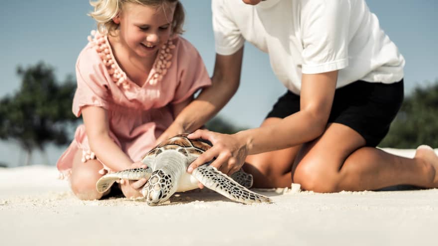 Hotel staff, young girl hold sea turtle over white sand beach