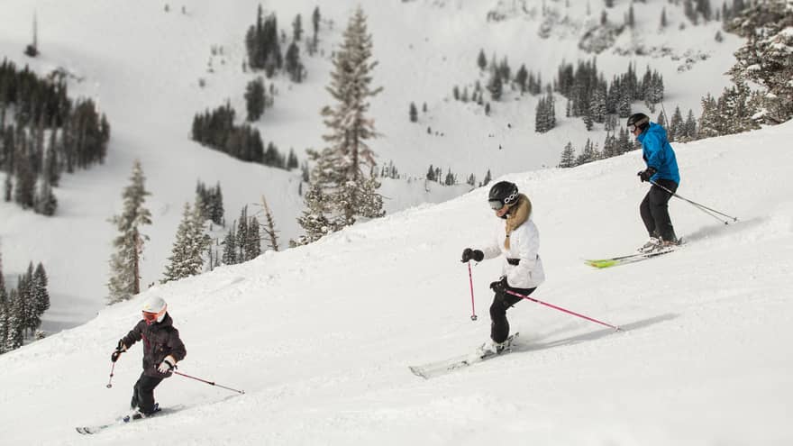 Three skiers descending a snowy mountain slope, surrounded by snow-covered trees and rugged terrain
