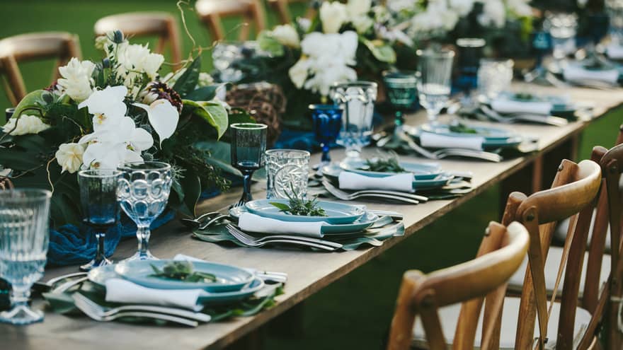 A close up of a long wooden table set with blue plates, eclectic blue and clear glassware, white napkins and green and white floral arrangements all the way down the center of the table